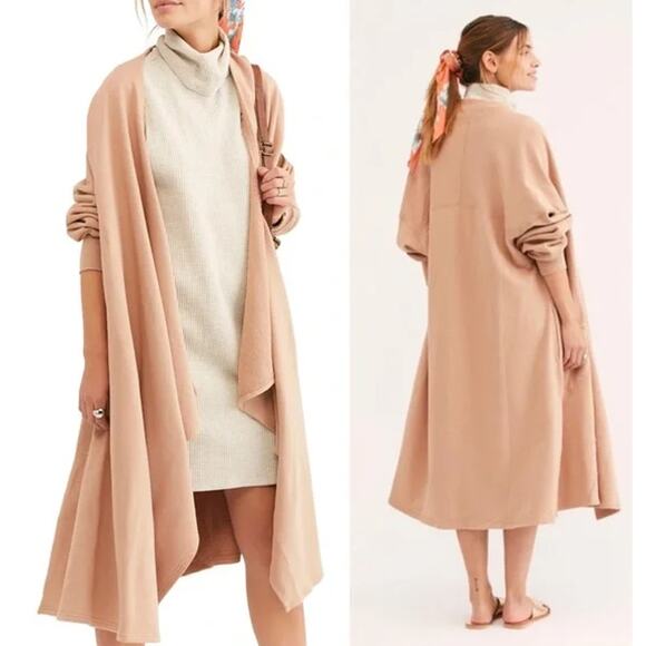Free People Red Eye Cardigan Oversized Open Front Longline Duster Sweater, Tan - Picture 15 of 15